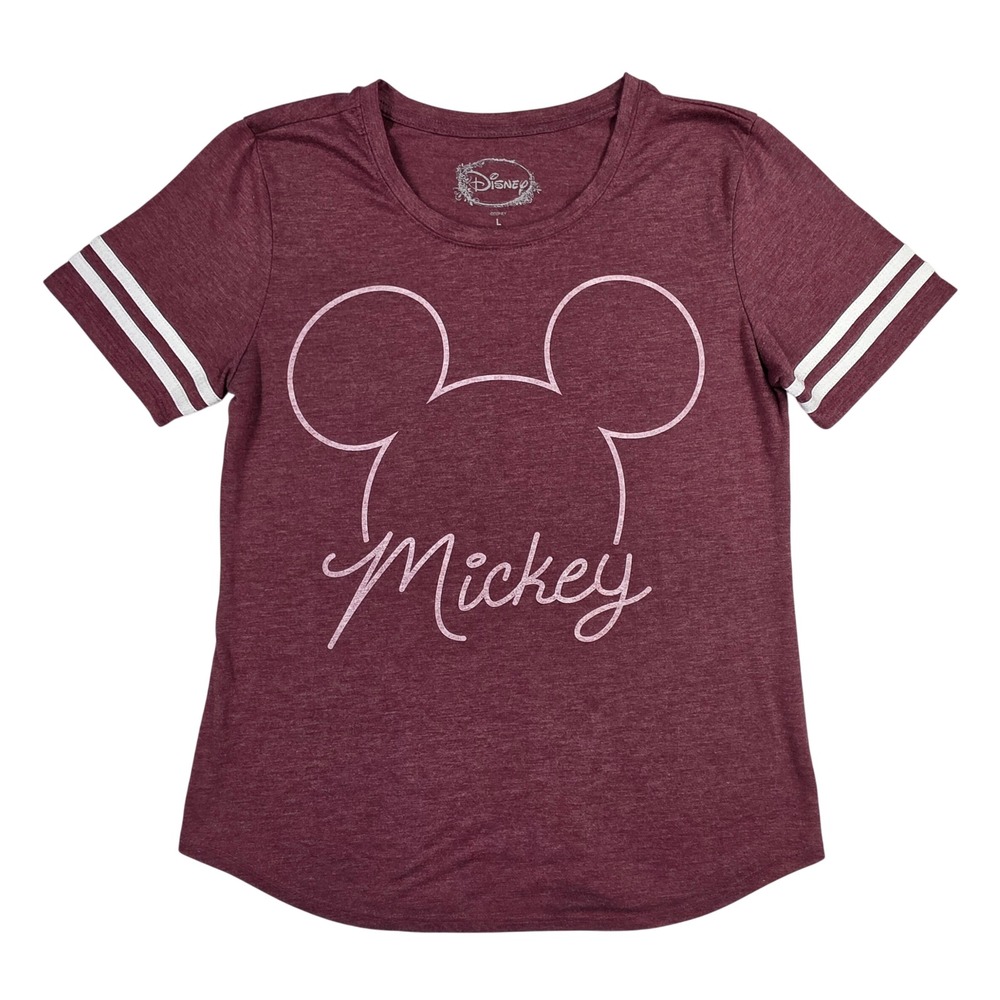 Disney Mickey Mouse Graphic T-Shirt Maroon Varsity Stripe Sleeve Large